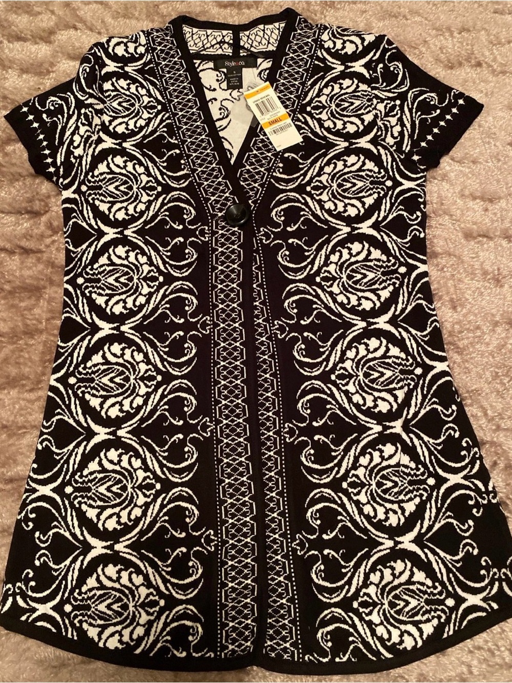 Style & Co. Black and White Patterned V-Neck Short Sleeve Cardigan